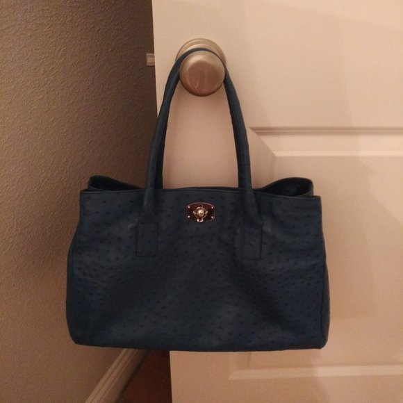 FURLA LIKE NEW APPALOOSA EAST WEST BLUE OSTRICH EMBOSSED LEATHER "TOTE" HANDBAG - Picture 1 of 13